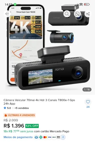 Câmera Veicular 70mai T800E 4K