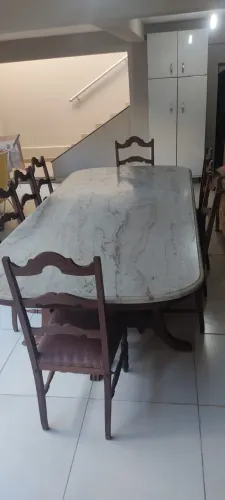 Mesa de Jantar Antiga em Mármore e Madeira Nobre - 8 Lugares - Década de 70