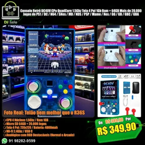 Console Retrô DC40V CPU QuadCore 1.5Ghz Tela 4 Pol 1Gb Ram + 64GB Mais de 20.000