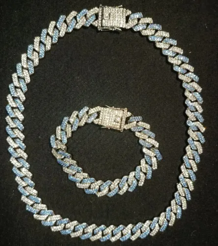 Corrente + Pulseira Cuban Miami Cravejada Azul Ice Trap Luxo