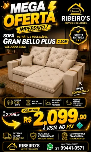Sofá Retrátil e Reclinável Gran Bello 2,20 m Veludo 