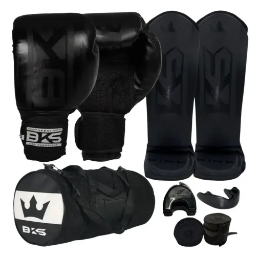 Kit Luva Boxe Muay Thai Caneleira Bandagem Bucal Case Bolsa 14oz Preto