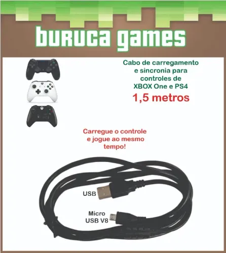 Cabo de carregamento de 1,5 mts para controles XBOX One Fat, Slim, X e Dualshock 4 de PS4