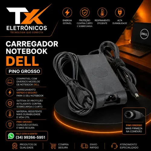 Carregador Fonte Notebook Dell Pino grosso - Fonte Notebook Dell Pino Grosso Bivolt