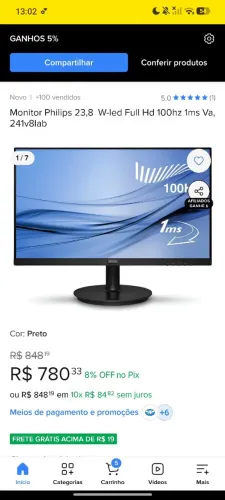 Monitor Philips top 23.8 polegadas novo