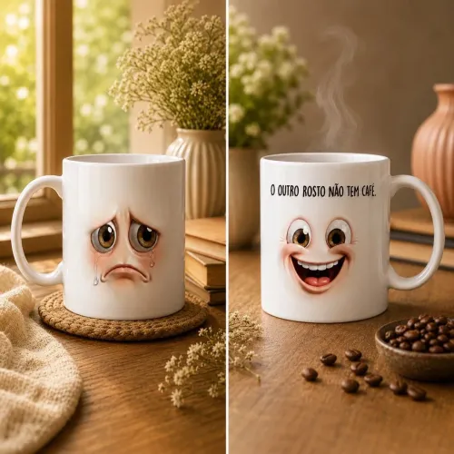 Caneca Engraçada Meme Café Sem Café Rosto Chorando e Feliz