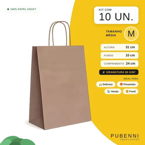 Sacola de Papel Kraft 90 | M 24X31X10 - 100 UN