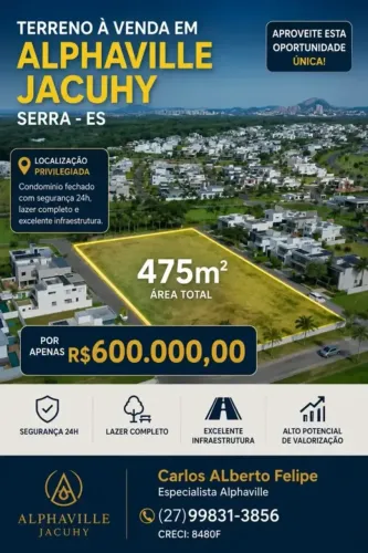 Maravilhoso lote em Alphaville jacuhy de 475m²