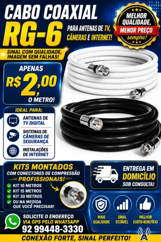 Cabo coaxial RG-6 para Antenas, Internet e Câmeras.