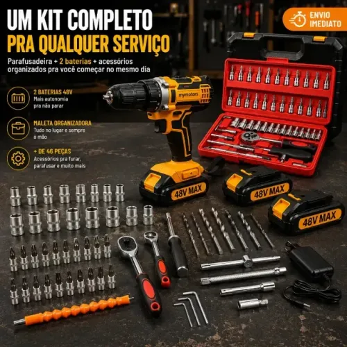 Parafusadeira Furadeira De Impacto 2 Baterias + Kit 46 Peças Parafusadeira Furadeira De I