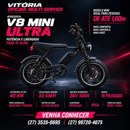 BICICLETA ELÉTRICA V8 MINI ULTRA - 0KM - 18X NO CARTÃO