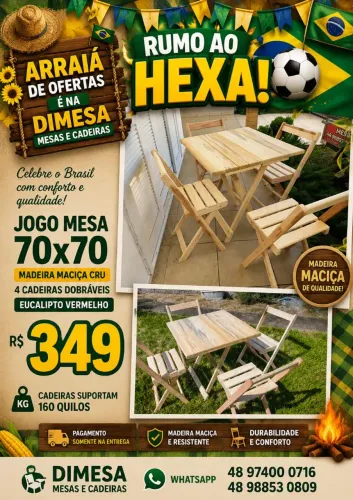 Jogo de Mesa 70x70 com 4 Cadeiras Dobráveis em Madeira Maciça (Sem Verniz)