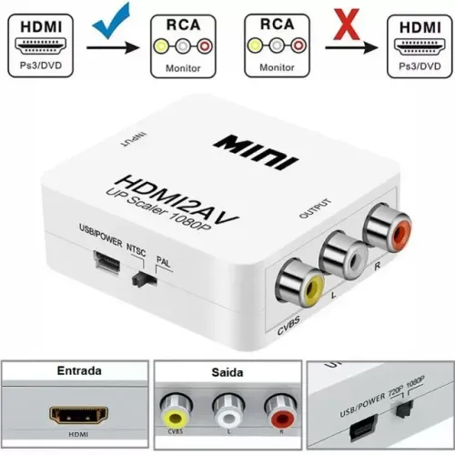 Mini Conversor Adaptador HDMI para AV 3 RCA Full HD 