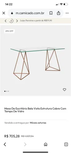 Mesa De Escritório Bela Vista Estrutura Cobre Com Tampo De Vidro