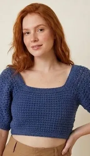 Cropped de Crochê Feminino Azul Marinho | Manga Curta