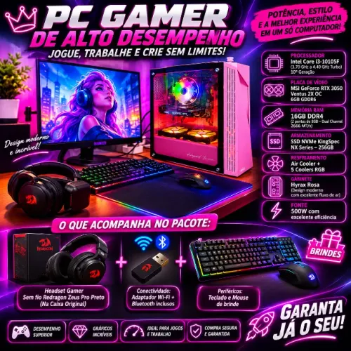 PC Gamer Rosa RGB - Intel i3 10a Geração | RTX 3050 6GB | 16GB RAM + Periféricos