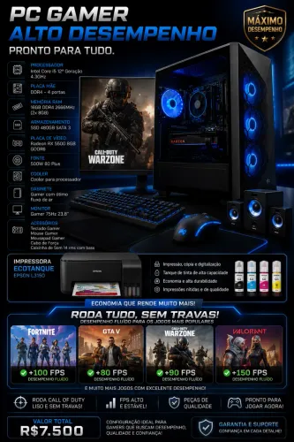 PC Gamer Completo + Monitor + Impressora Ecotank | Roda todos os jogos da atual geração 