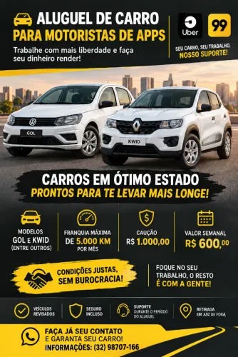 Aluguel de carros para aplicativos (UBER, 99)