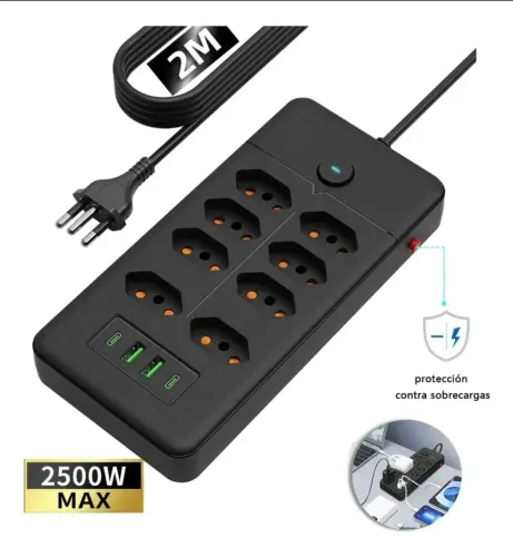 FILTRO DE LINHA 8 TOMADAS/ PRETO/2 USB/ 2 PD/ CABO 2 METROS / PROTEÇÃO DE SOBRECARGA