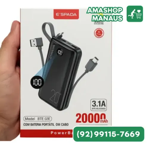 Carregador Portatil Power Bank Espada 20000mAh Cabos Embutidos