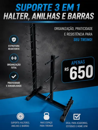 Suporte 3 em 1 para halteres ,anilhas e barras