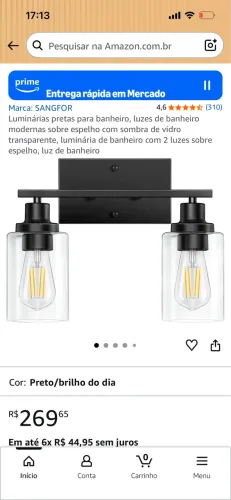 Luminária dupla luz para espelho de banheiro em metal preto e vidro transparente 