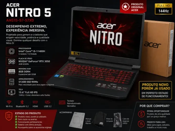 Notebook Gamer Acer Nitro 5 i5 11ª Geração RTX 3050 144Hz SSD NVMe - Excelente Estado