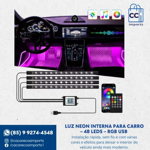 Luz Neon Interna para Carro - 48 LEDs - RGB, Controle por APP-Remoto e Música - usb