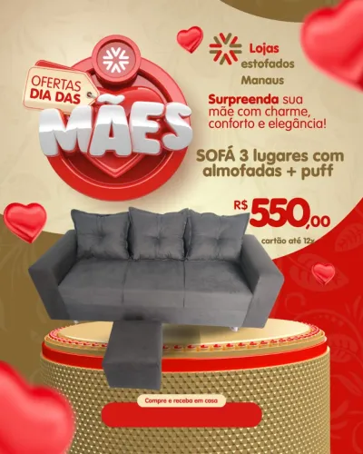 Sofá 3 lugares com almofadas e puff - Dia das Mães