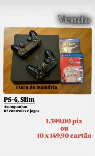 PlayStation PS4, slim, 1 TB memória, 2 controles e jogos.