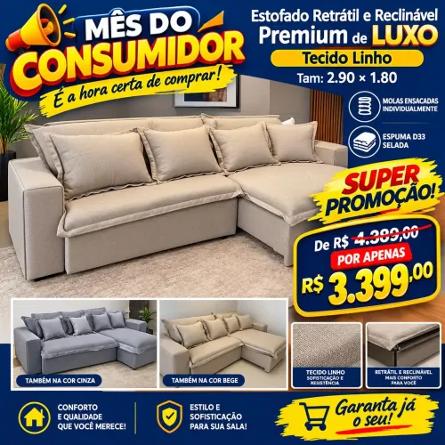 Sofá Retrátil e Reclinável Elegante e sofisticado com molas ensacadas no assento no linho
