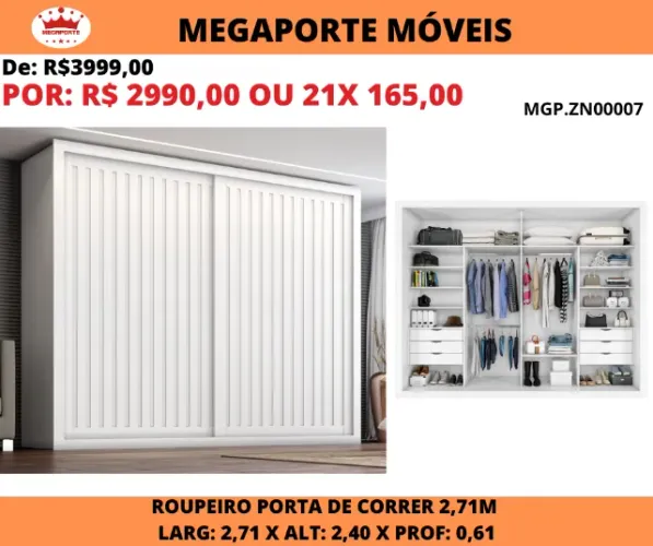 Guarda Roupa Casal 2,71 Portas de Correr 6 Gavetas