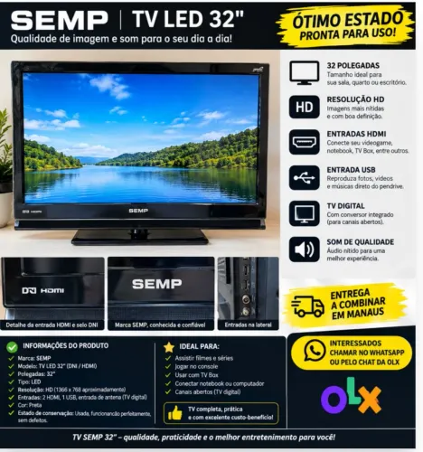 TV SEMP 32? LED - ÓTIMO CUSTO-BENEFÍCIO!<br><br>? TV SEMP