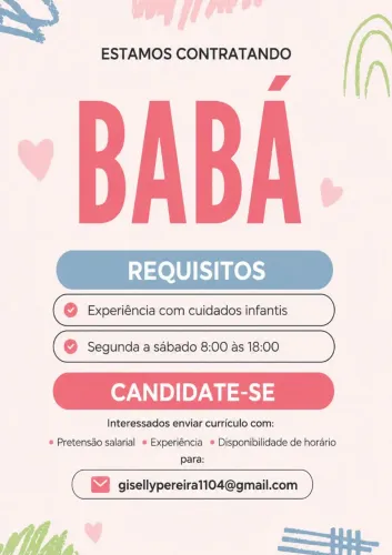 Vaga para Babá - Segunda a Sábado (08h às 18h)