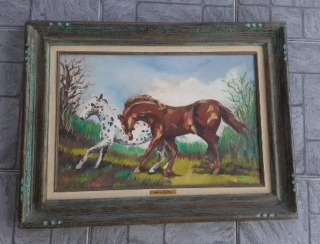 Óleo sobre tela 60cm x 83cm representando cavalos