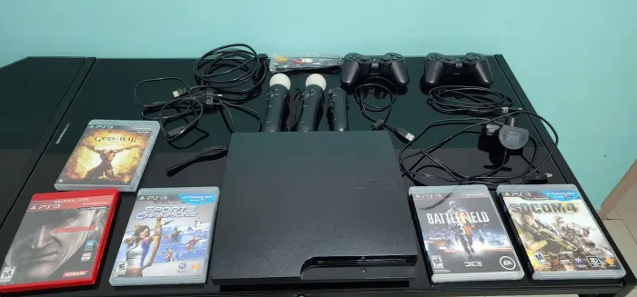 ? PLAYSTATION 3 SLIM COMPLETO + KIT MOVE + 2 CONTROLES + 5 JOGOS ?