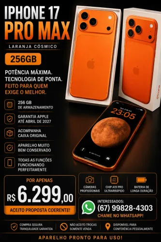 iPhone 17 Pro Max 256GB Laranja Cósmico - Garantia Apple até 04/2027 - Impecável