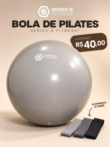 Bola usada em fisioterapia e Três tipos de elástico novos.