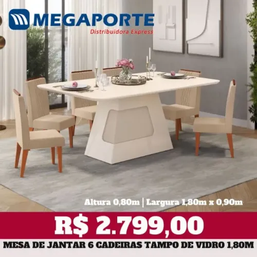 Mesa de Jantar 6 Cadeiras Tampo de Vidro 1,80m (Novo) Entrega Grátis!