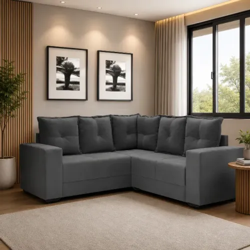 Sofa de canto elegance cinza veludo em estoque 