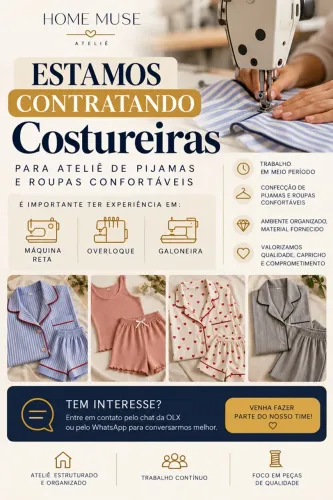 Vaga para Costureira com Experiência em Reta, Overloque e Galoneira | Ateliê de Pijamas