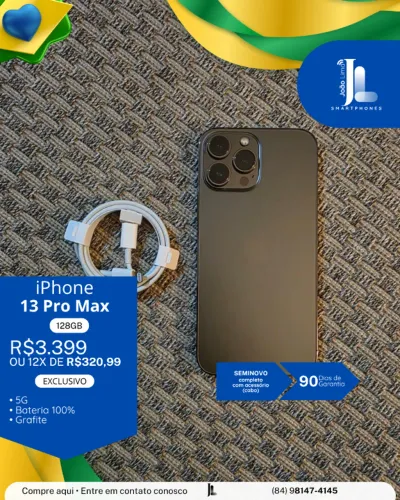 IPHONE 13 PRO MAX, 128GB, GRAFITE, BATERIA 100%, SEMINOVO, EXCLUSIVO!