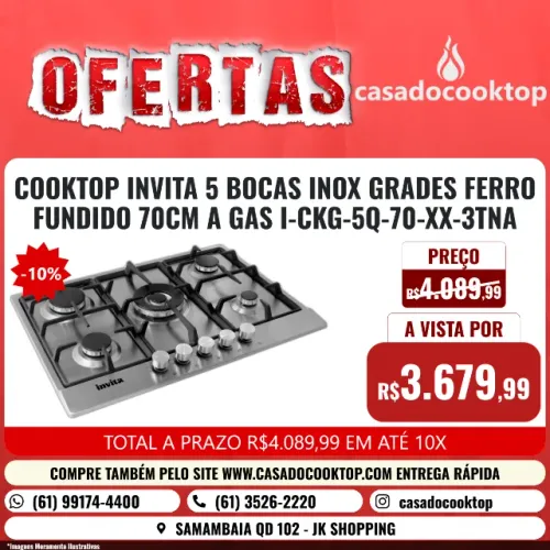 COOKTOP INVITA 5 BOCAS INOX GRADES FERRO FUNDIDO 70CM A GAS I-CKG-5Q-70-XX-3TNA