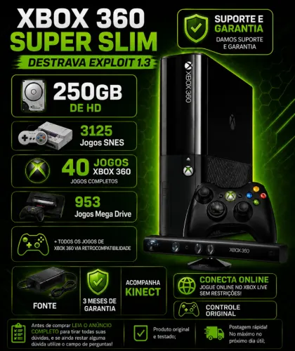 XBOX 360 SUPER SLIM DESBLOQUEADO-DESTRAVADO COM HD 250GB CHEIO DE JOGOS