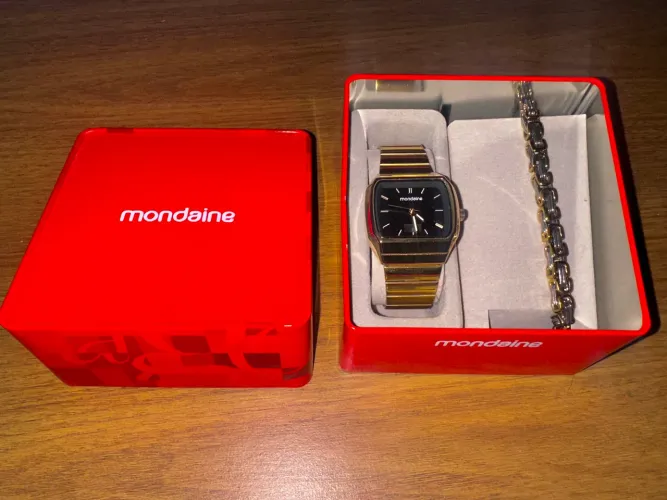 RELÓGIO MONDAINE MASCULINO DOURADO COM PULSEIRA - KIT PRESENTE