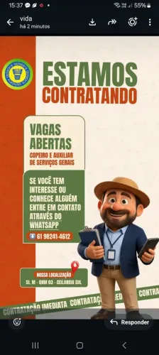 Vaga aberta pra copeiro e serviço geral