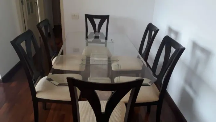 Mesa de Vidro com Base de Mármore - Conjunto Completo com 6 Cadeiras