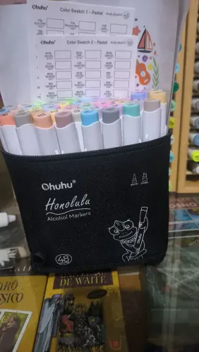 Canetas Ohuhu 48 cores tons pastéis ponta chanfrada e pincel