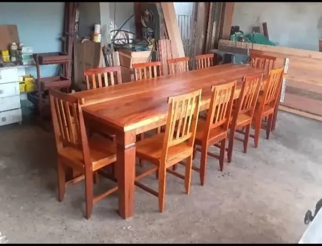 Mesa 270x90 com 10 cadeiras madeira peroba rosa angelim demolicao