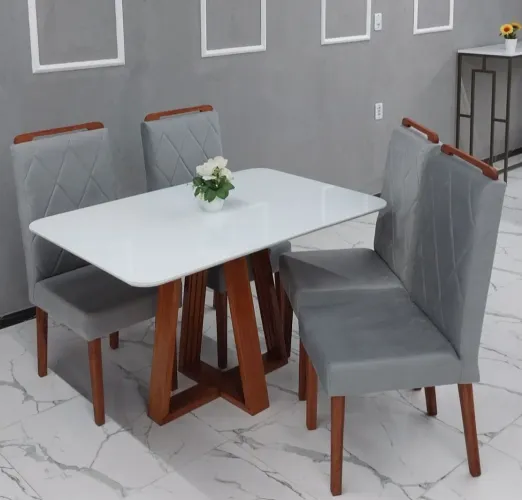 Mesa de Jantar Rústica em Madeira Maciça - Vidro Laqueado e 4 Cadeiras